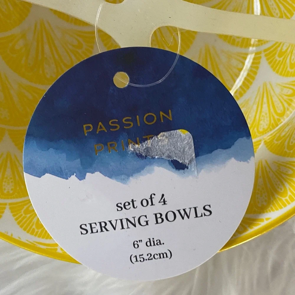 Lemon Pattern Ceramic Serving Bowls - Yellow & Blue (Set of 4) New